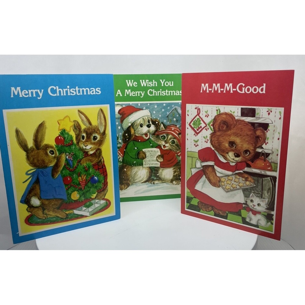 Vintage Lot of 3 Christmas‎ Cards Holiday Cat Dog Bunny Mouse 1970s Activities